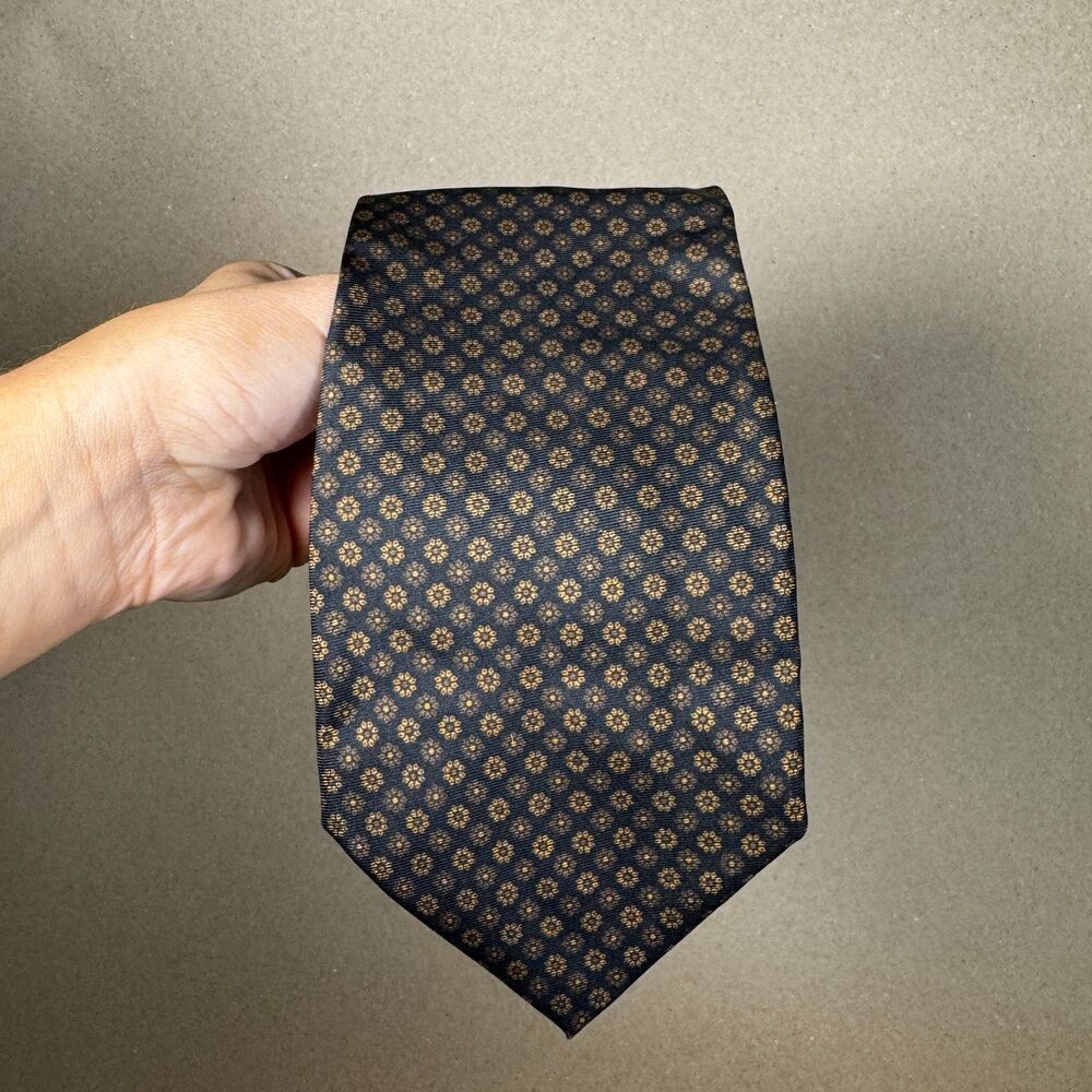 Mariano Rubinacci Napoli Luxury Silk Tie Geom Medallion Navy Gold Micro Pattern